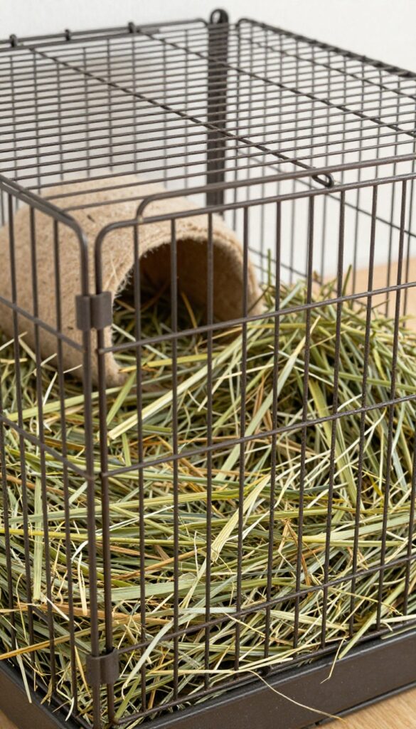 Sturdy hay rack mounted on guinea pig cage, filled with fresh hay, near a hideout, bright natural light, clean bedding.