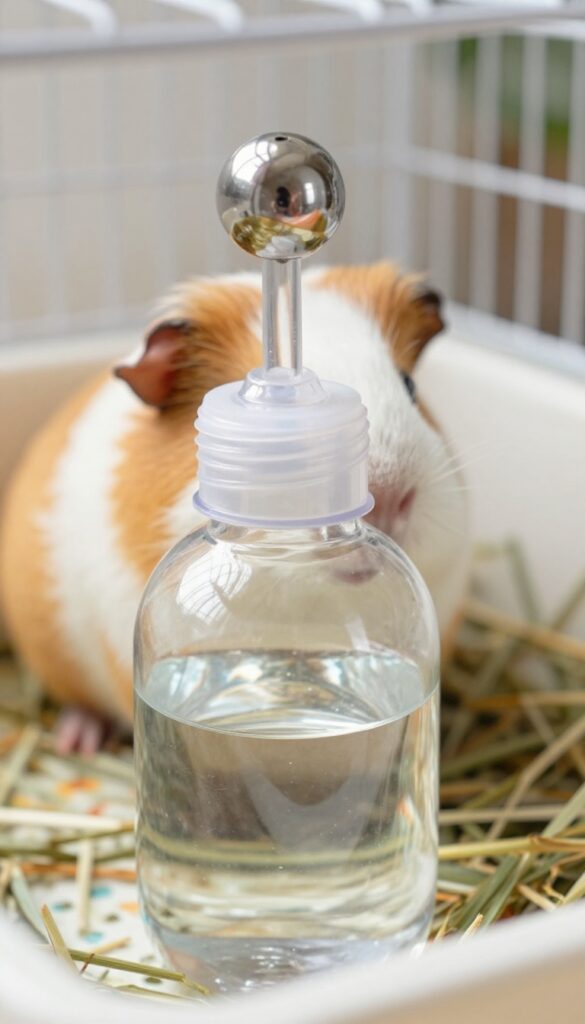 Guinea pig water bottle with ball bearing attached to cage bars