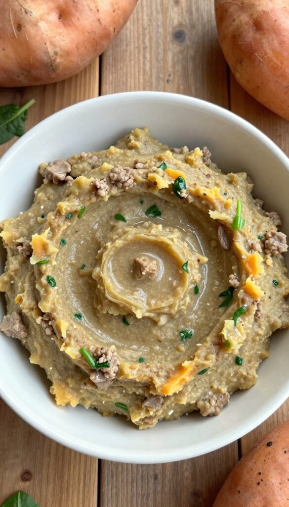 Dog bowl with beef heart and sweet potato mash, homemade dog meal with spinach, on wooden table in natural light.