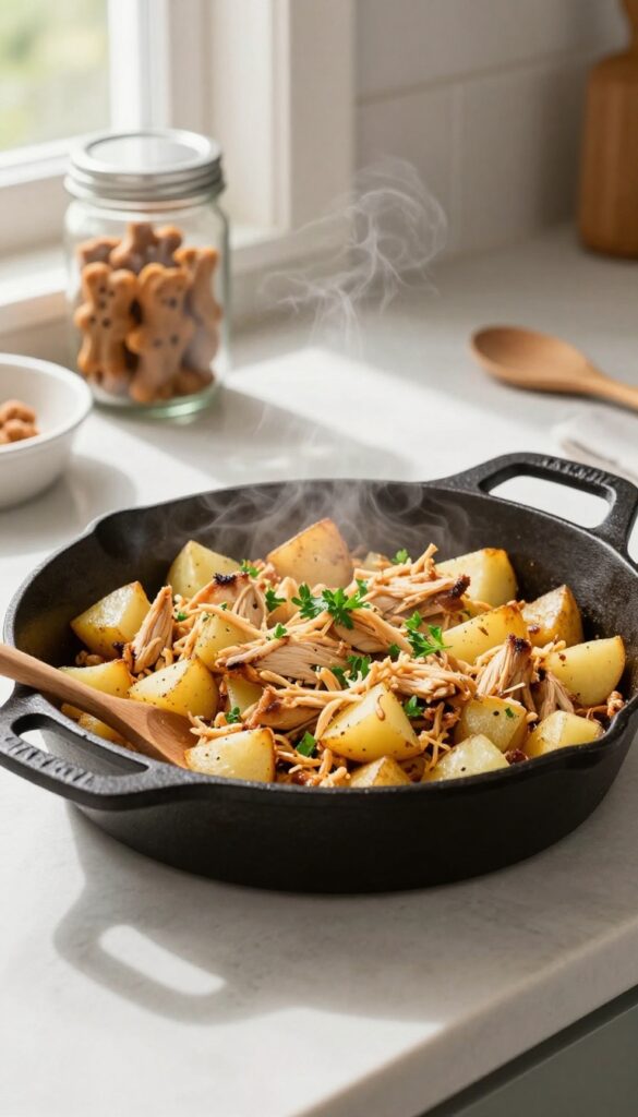 Homemade shredded chicken and potato hash for dogs in a cast iron skillet, with steam and fresh parsley garnish.