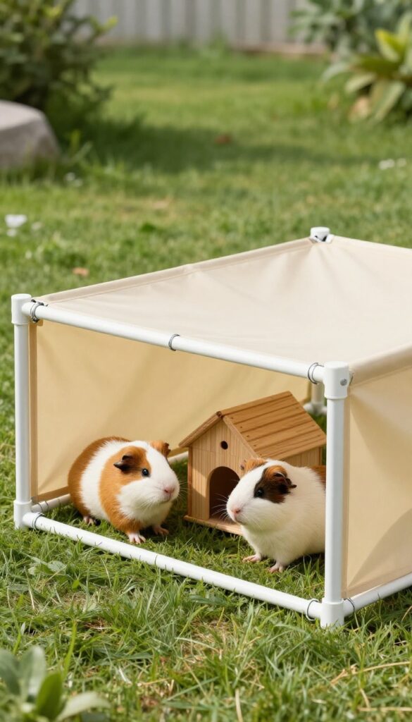 Guinea pig run made of PVC pipes and shade cloth in a sunny backyard, with guinea pigs inside and a hidey house.