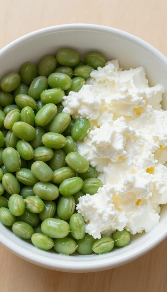 Homemade dog food topper with cottage cheese and green beans in a white bowl