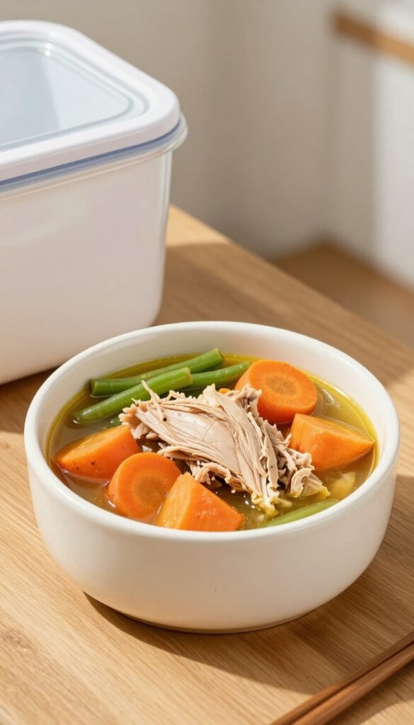 Homemade dog-friendly chicken and vegetable stew in a bowl with sweet potatoes, carrots, and green beans, ready for freezer meal prep.