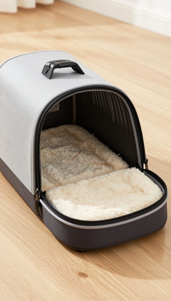 A guinea pig travel carrier with fleece lining and hay, ready for a vet visit.