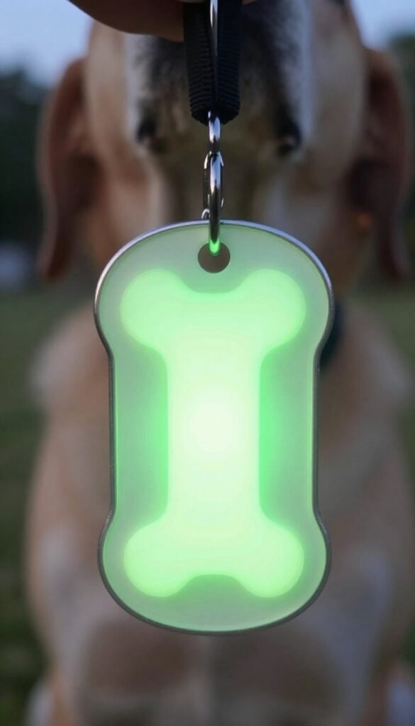 A glow-in-the-dark dog tag on a collar glowing softly in a dim backyard at dusk.