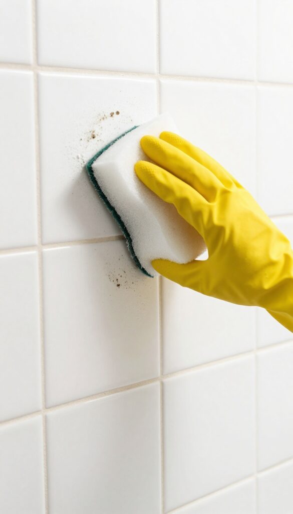 Hand scrubbing mold off bathroom tiles with a sponge