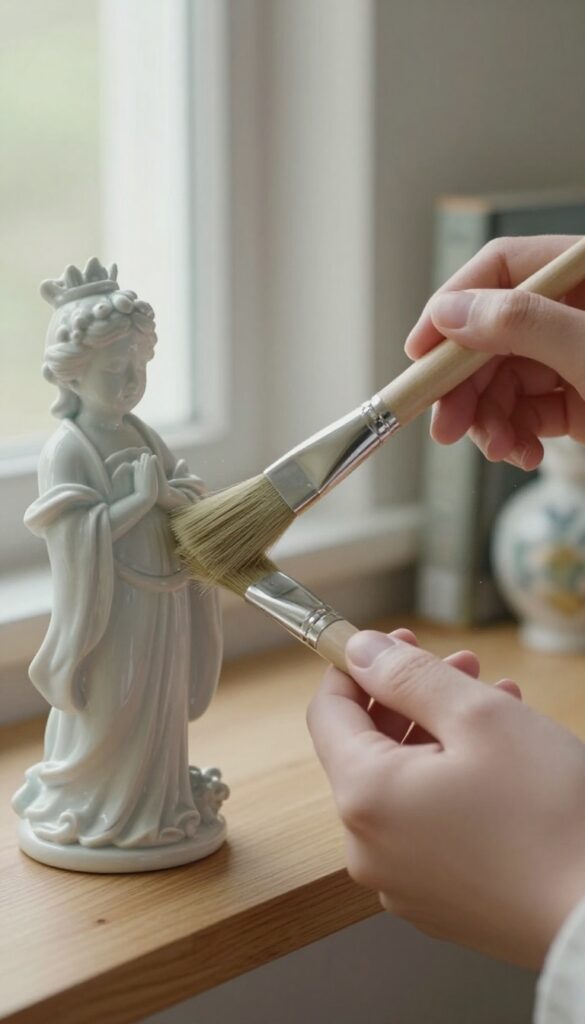 Person using a soft paintbrush to dust a delicate figurine on a shelf