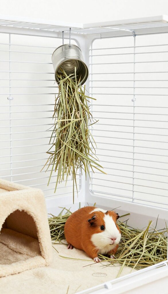 Hanging hay feeder made from a tin can in a guinea pig cage