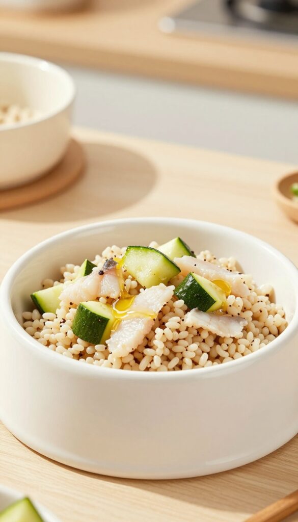 Homemade dog dinner bowl with whitefish, zucchini, and millet in a white ceramic bowl on a wooden table.