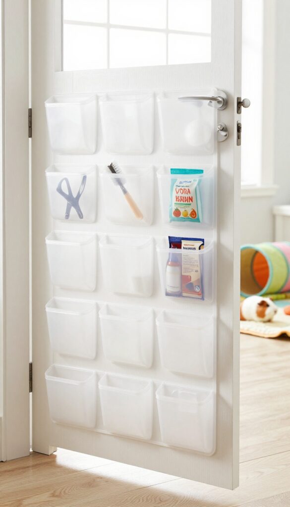 Clear over-the-door shoe organizer on a white door, filled with guinea pig care items, with a play zone in the background.