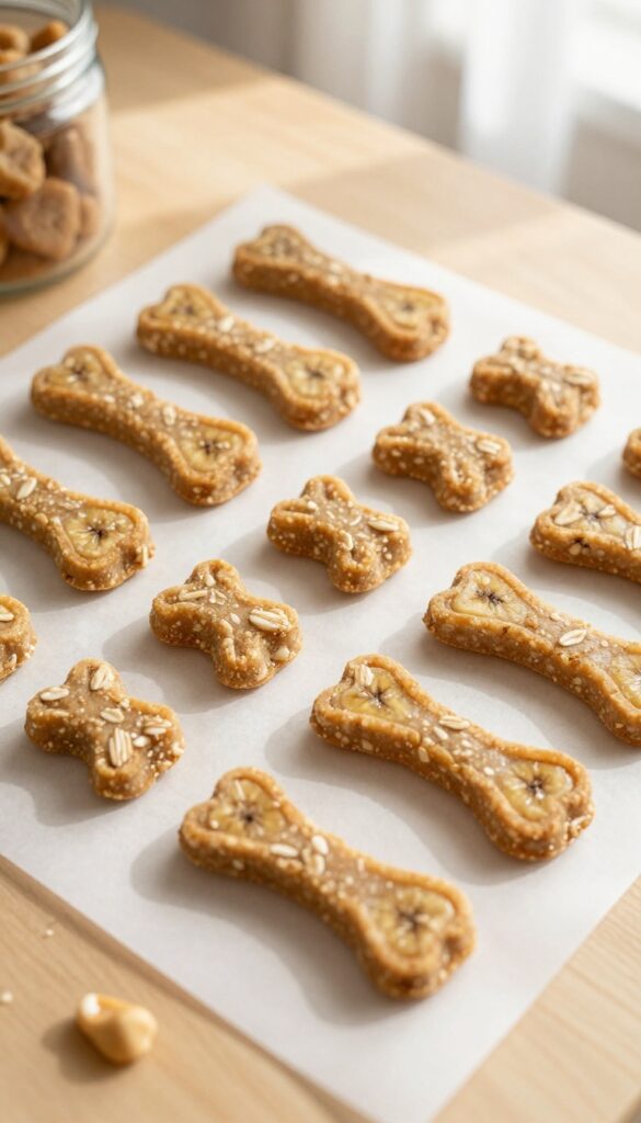 Homemade no-bake peanut butter and banana dog treats on a parchment-lined tray, ready for packing.