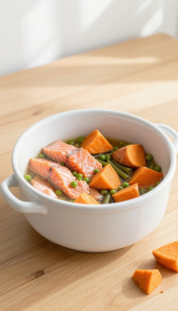 Crockpot filled with salmon and vegetable dog dinner on a wooden table.