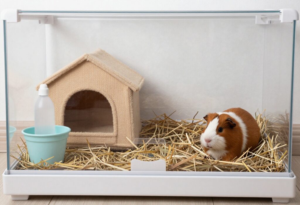 Cozy small room with a multi-level guinea pig cage in the corner