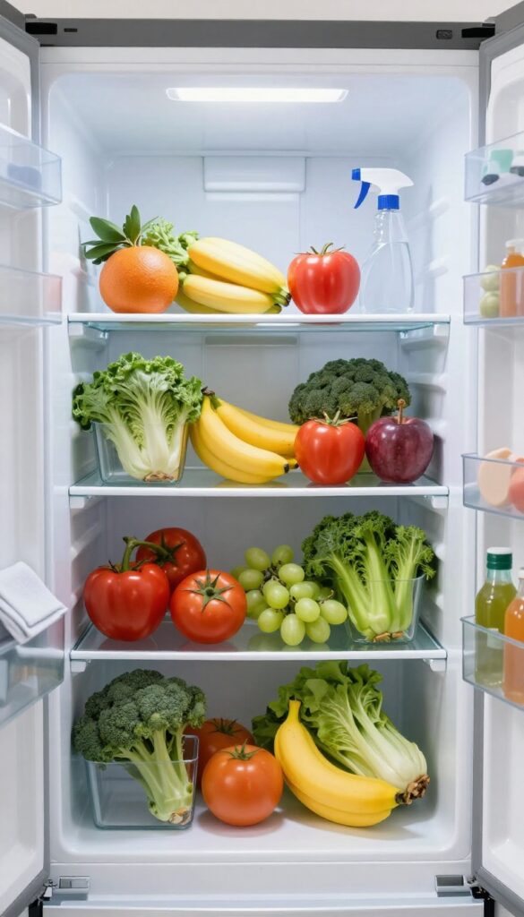 Clean organized refrigerator with fresh produce and cleaning supplies