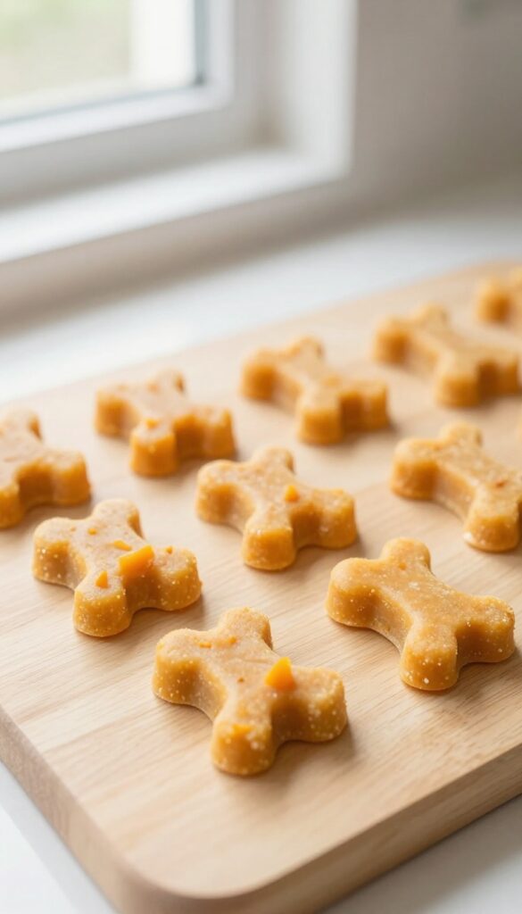 Frozen pumpkin and chicken gizzard dog treats in a silicone mold on a wooden surface, bright natural light, photorealistic pet food photography.
