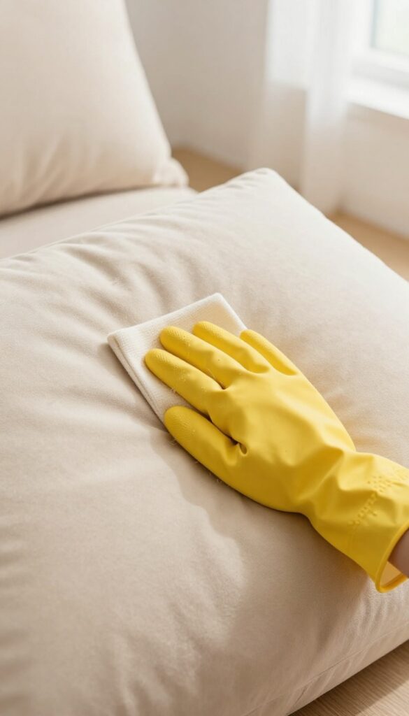 Hand in damp rubber glove removing pet hair from a microfiber sofa cushion.