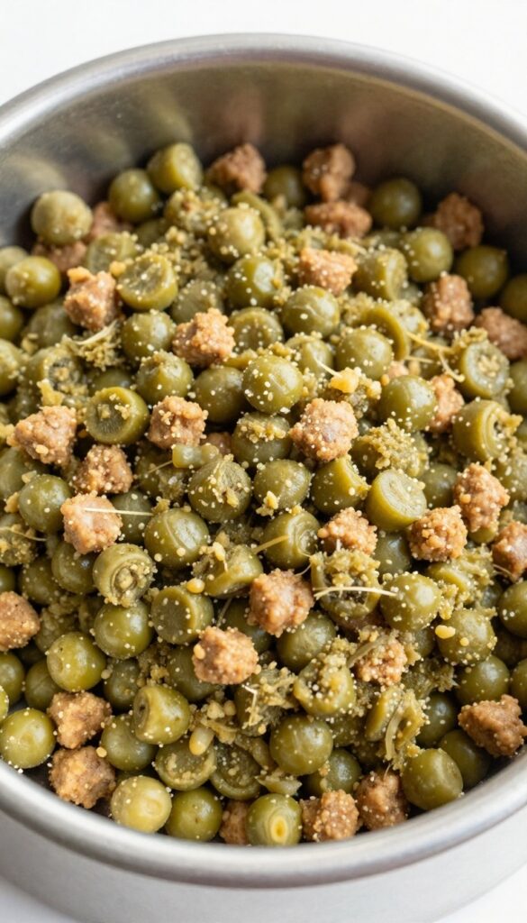 Dog slow feeder bowl with wet food and green bean mash spread into grooves