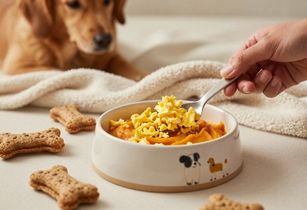 Homemade scrambled eggs with pumpkin for dogs in a ceramic bowl, cozy setting