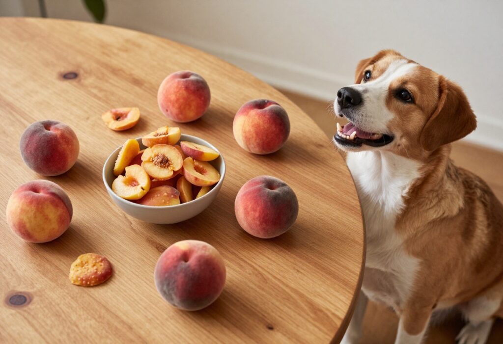 Homemade soft peach dog treats on a wooden table with fresh peaches and a dog looking on.