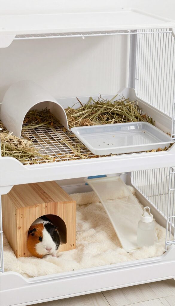 Split-level guinea pig cage with a drop-down cleaning tray partially pulled out, showing soiled bedding, with a cozy lower level and ramp.