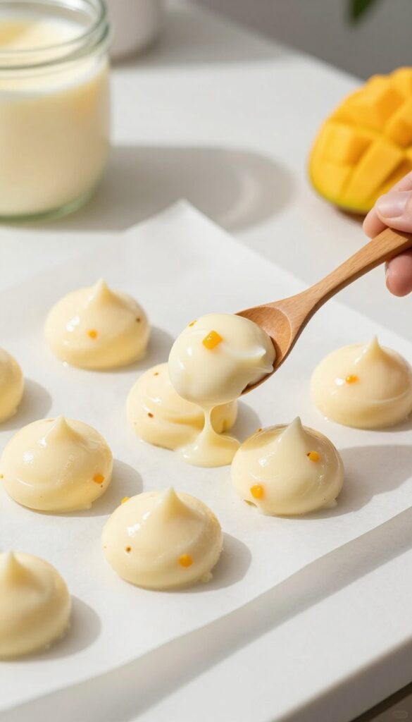 Homemade frozen mango yogurt dog treats on a baking sheet, ready to freeze.