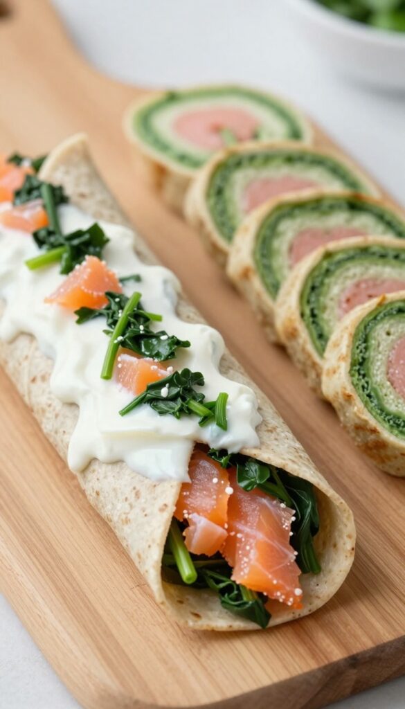 Homemade dog treat salmon and spinach swirl pinwheels on a cutting board, showing the rolled tortilla log and sliced pieces.