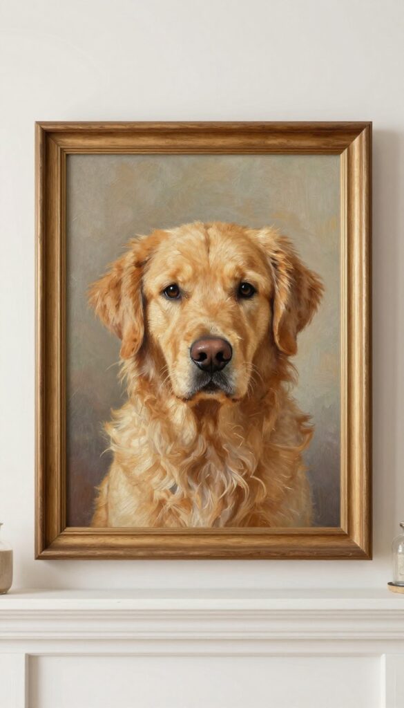 Custom oil painting portrait of a golden retriever displayed above a fireplace in a cozy living room