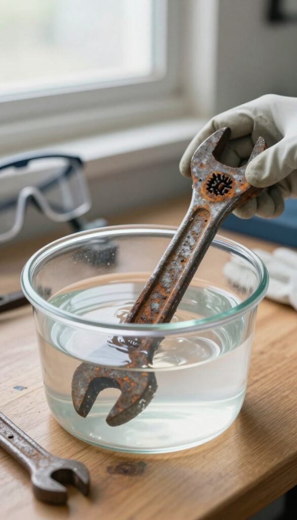 Rusty wrench soaking in oxalic acid solution in a glass container on a garage workbench with safety gear nearby.