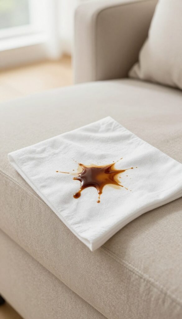 Blotting a fresh coffee spill on a beige sofa cushion with a white cloth.