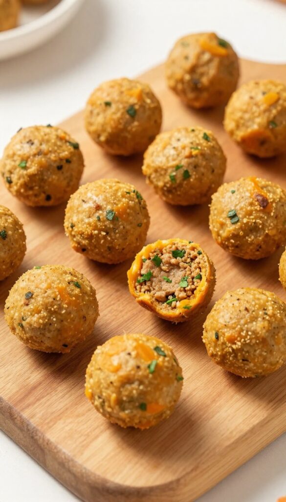 Homemade beef and pumpkin dog meatballs on a wooden board, showing their golden-brown exterior and moist interior.