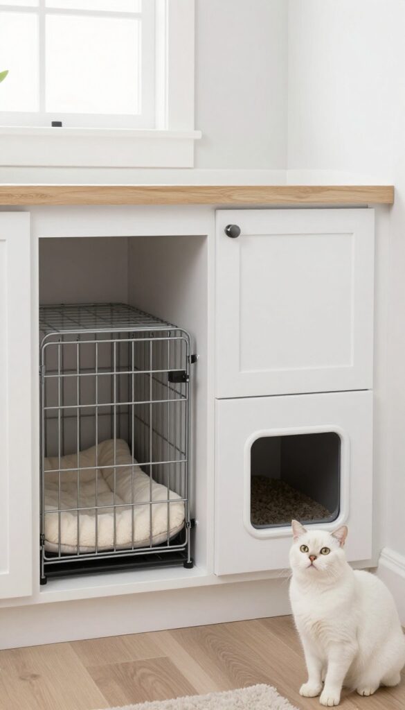 Custom built-in dog crate and litter box enclosure in a laundry room for multi-pet homes.