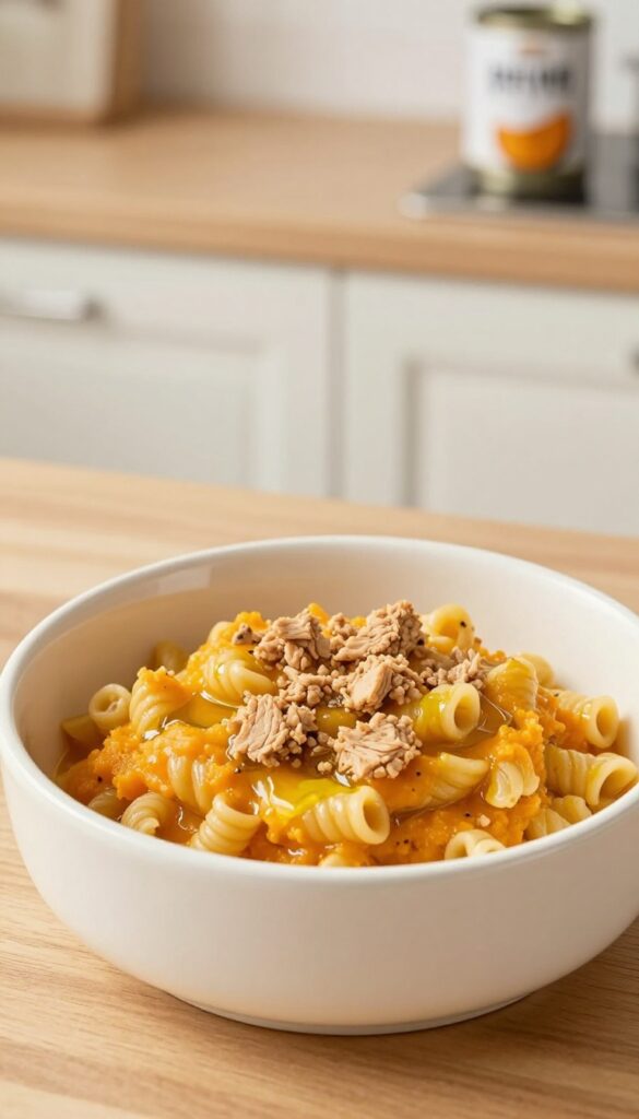 Homemade dog meal with turkey, pumpkin, and pasta in a dog bowl