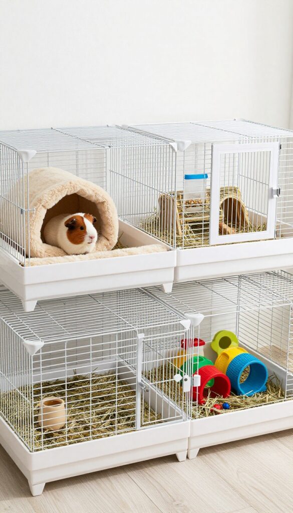 Multi-cage guinea pig enclosure system with connecting doors and tunnels, featuring separate sleeping, feeding, and play areas.