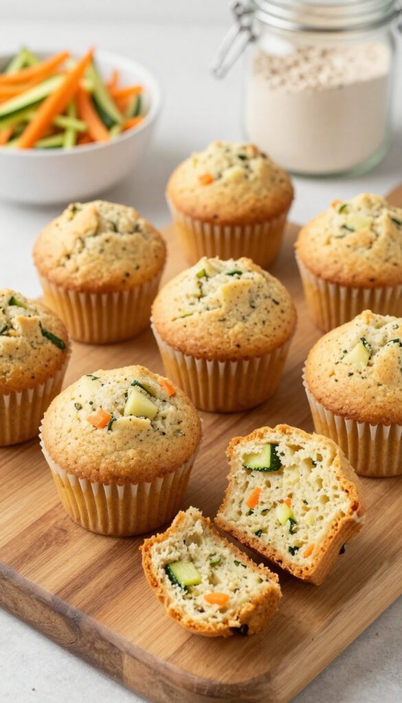 Homemade zucchini and carrot dog muffins on a wooden board, showing shredded vegetable texture and moist crumb, dog treat recipe photography.
