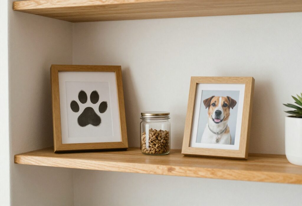 Dog memory corner with paw print keepsake and photo on a shelf