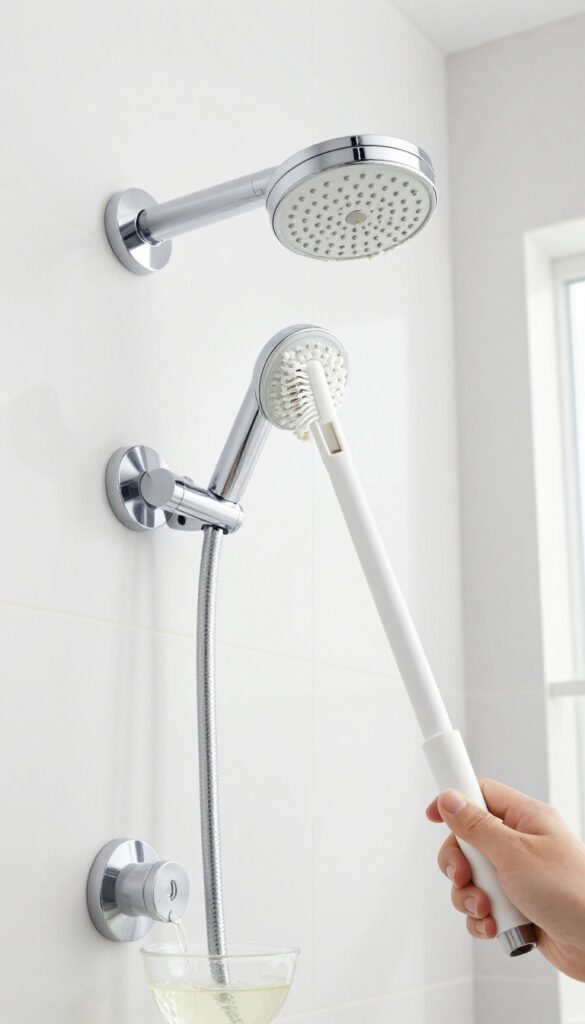 Hand using a descaling wand to clean a fixed shower head with vinegar solution