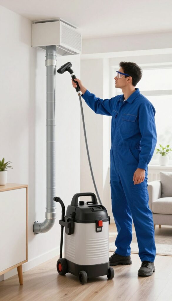 HVAC technician using negative air pressure cleaning equipment on air ducts in a bright, clean home interior.