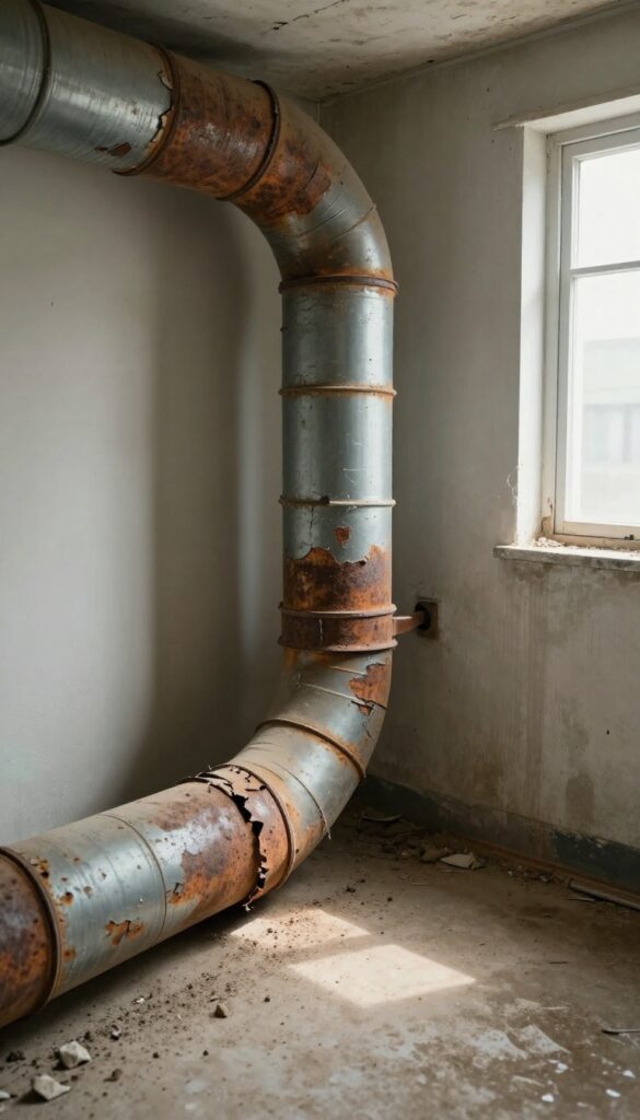 Damaged air duct with rust, crack, and debris in a basement, representing need for replacement