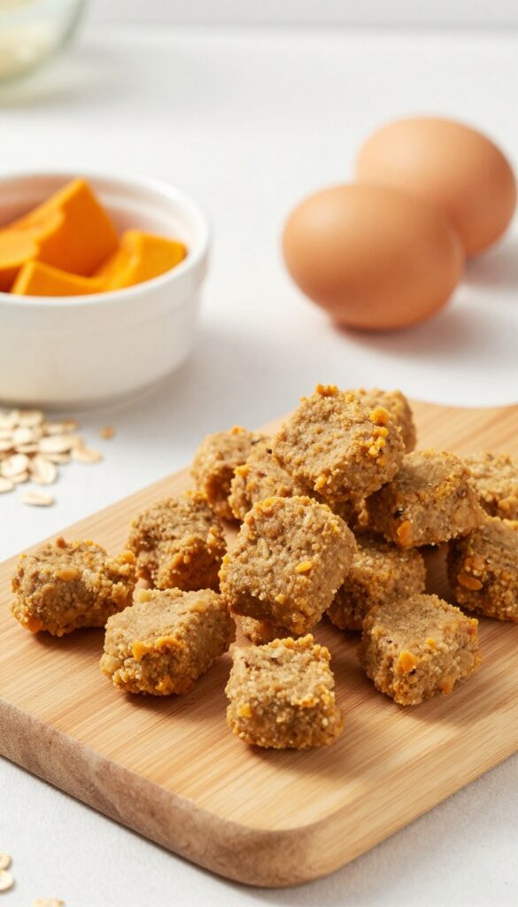 Homemade beef and pumpkin dog food nuggets on a cutting board with raw ingredients nearby.