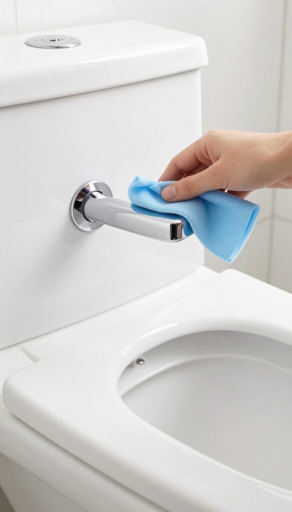 Cleaning the toilet flush handle and valve with a disinfectant wipe
