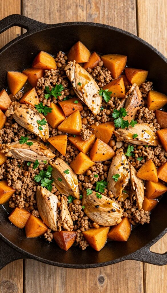 One-pan dog food meal of ground chicken and sweet potato in a skillet on a wooden table.