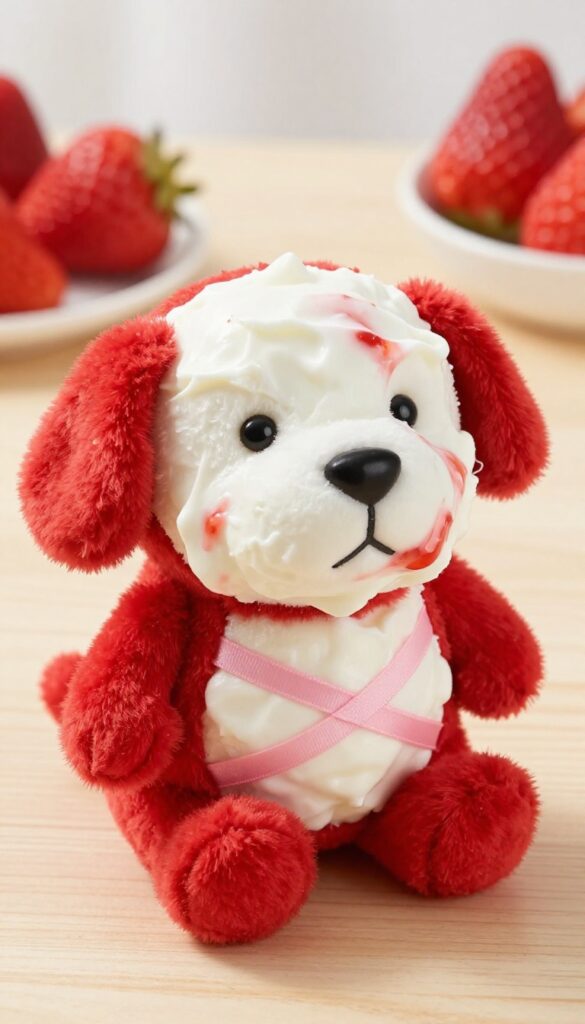 A red dog Kong toy stuffed with frozen yogurt and strawberry swirl, on a wooden surface, with fresh strawberries and yogurt bowl in background.