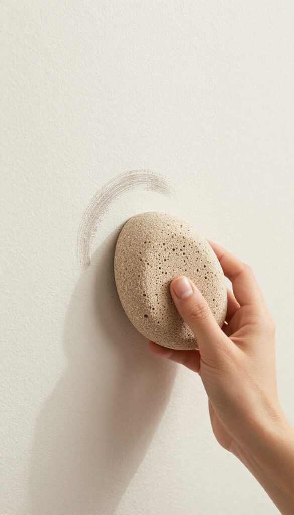 Hand using pumice stone to remove scuff from textured wall