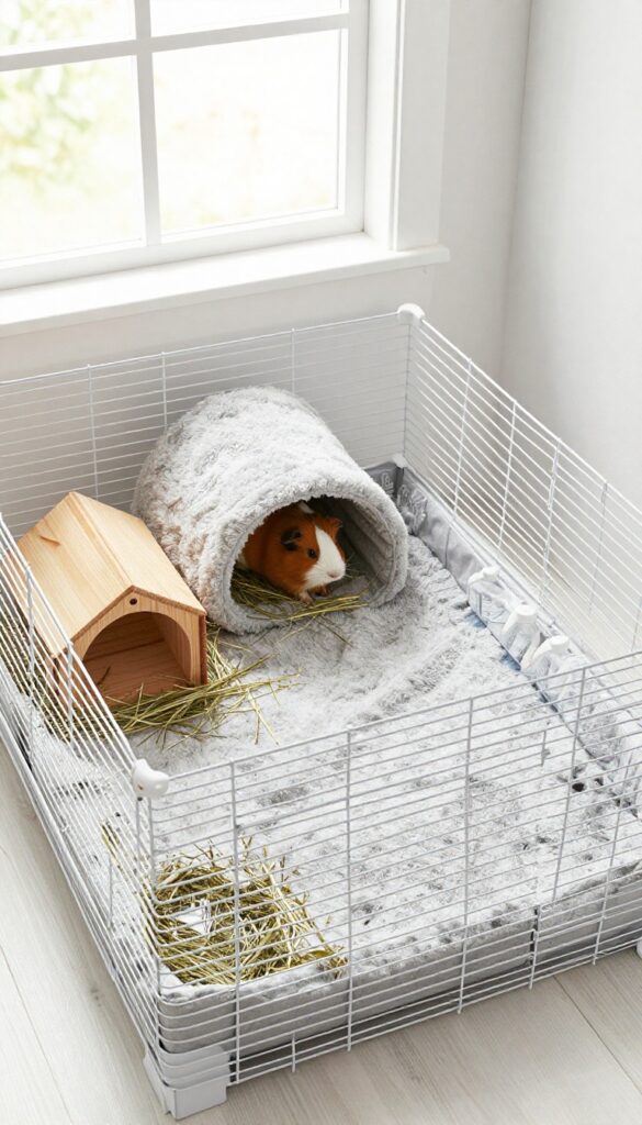 Classic C&C cage with fleece bedding for guinea pigs, featuring a hideout and tunnel in bright natural light.