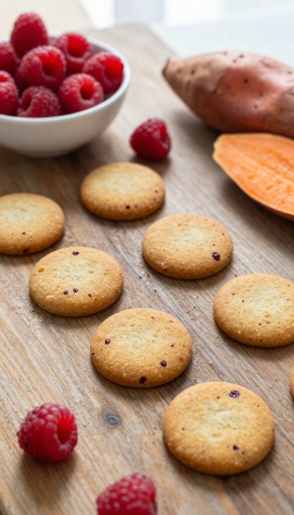 Homemade raspberry sweet potato soft-baked dog treats on a wooden surface, with fresh raspberries and sweet potato nearby, photorealistic pet-blog photography.