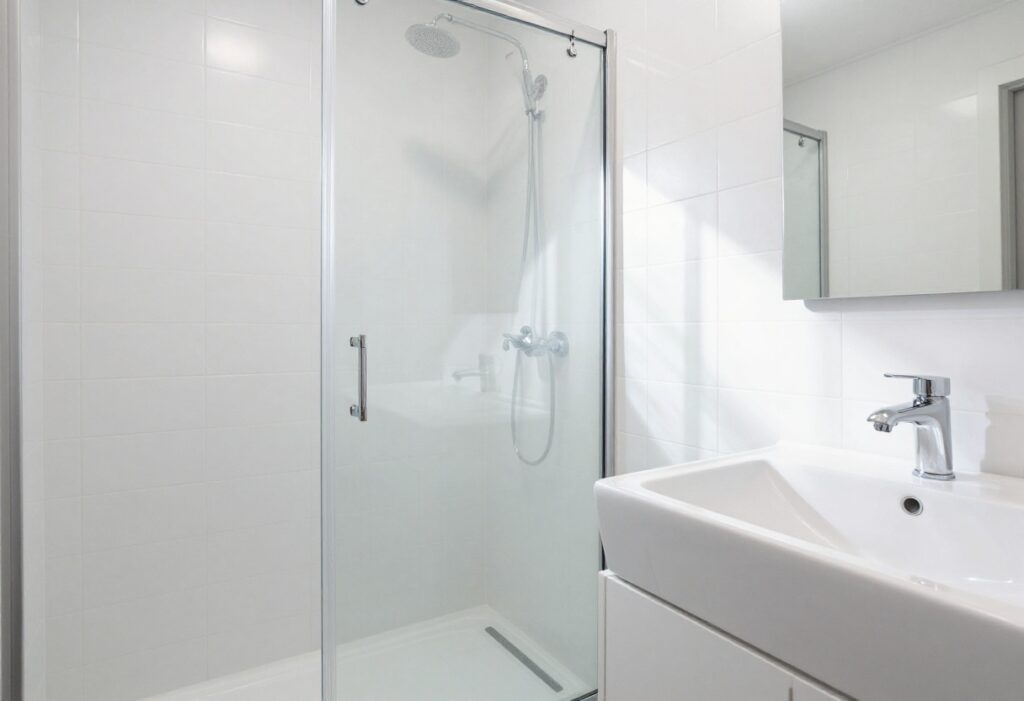 Sparkling clean bathroom with white tiles and glass shower