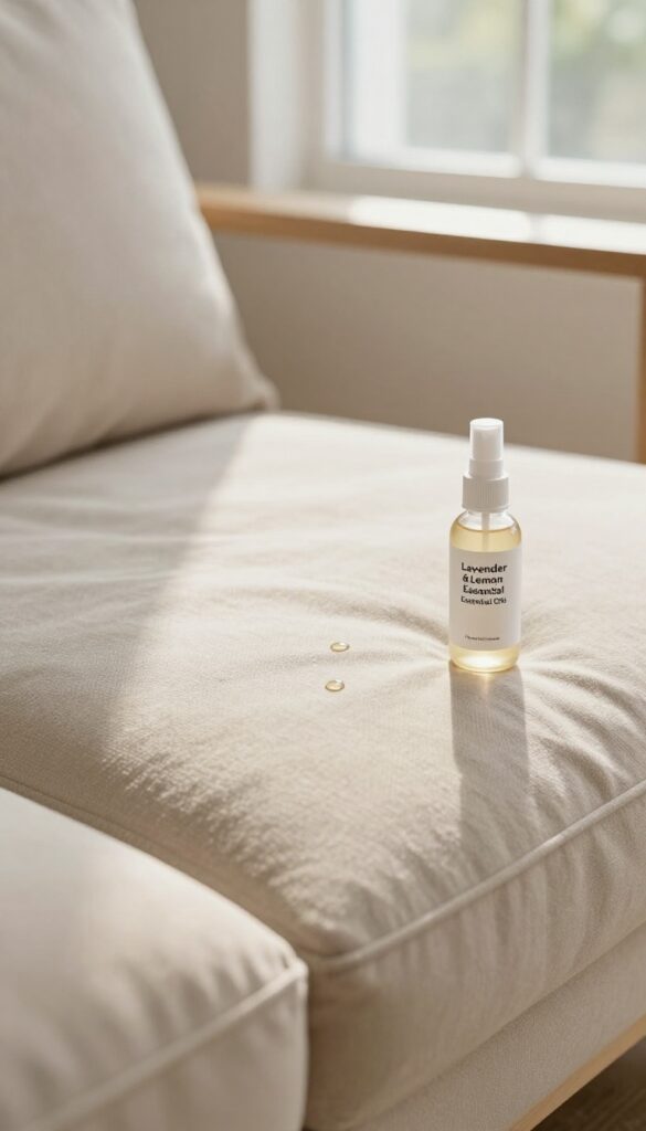 Close-up of a fabric couch cushion with essential oil spray and natural light
