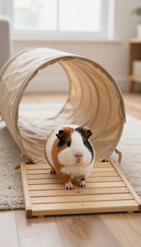 A guinea pig running through a fabric tunnel connected to a wooden bridge in a sunlit living room.