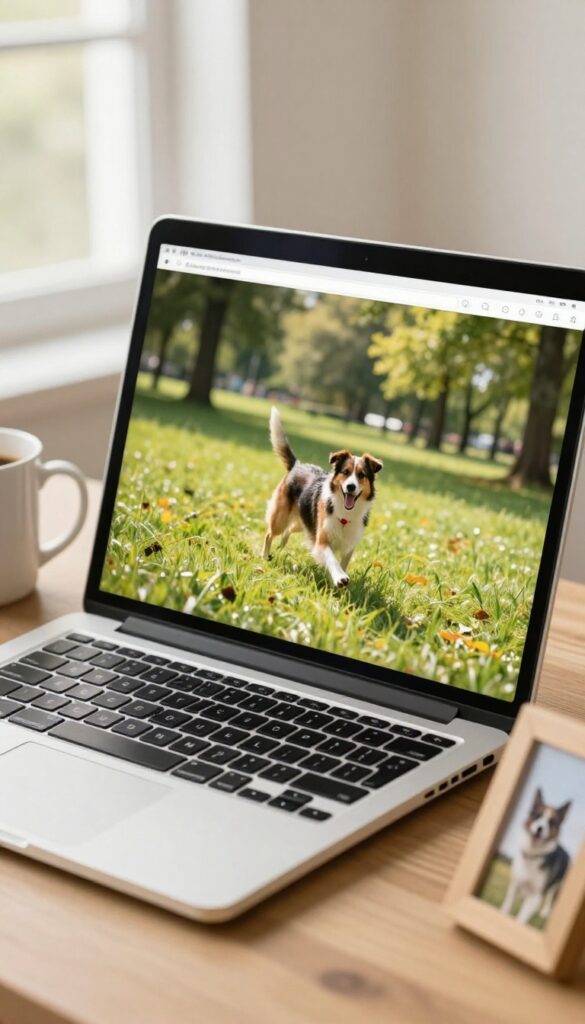 Digital photo slideshow of a dog on a laptop with a framed photo and coffee mug on a desk