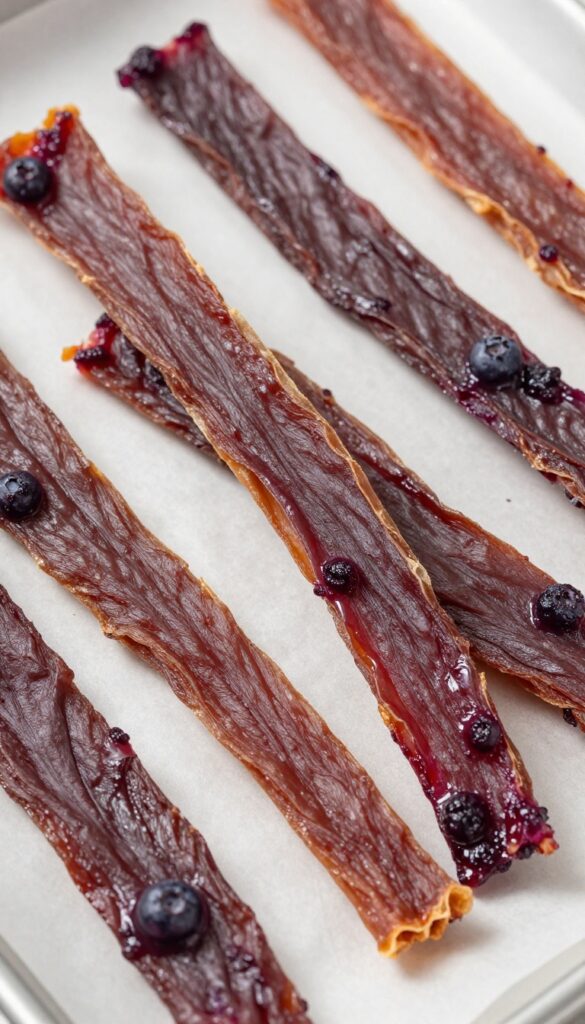 Homemade chicken and blueberry jerky strips for dogs on a baking sheet.